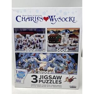 Charles Wysocki 3 Jigsaw Puzzles Set 300/500/700 Pc Christmas Holiday Complete